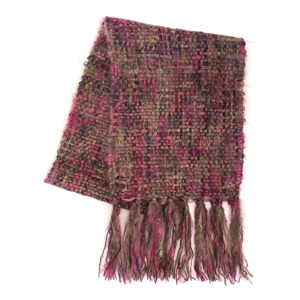 NWT $185 Cole Haan Mohair Woven Scarf Brown/Mulberry Fringe Edge Made in Italy
